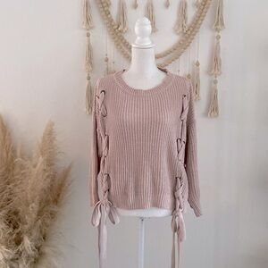 Charlotte Russe lace up chunky knit sweater 3/4 sleeve dusty mauve tie top xs